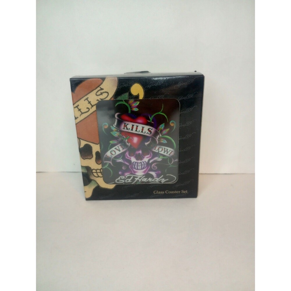 Ed Hardy Glass Drink Coasters by Christian Audigier Set of 4 Diff. Skull Designs